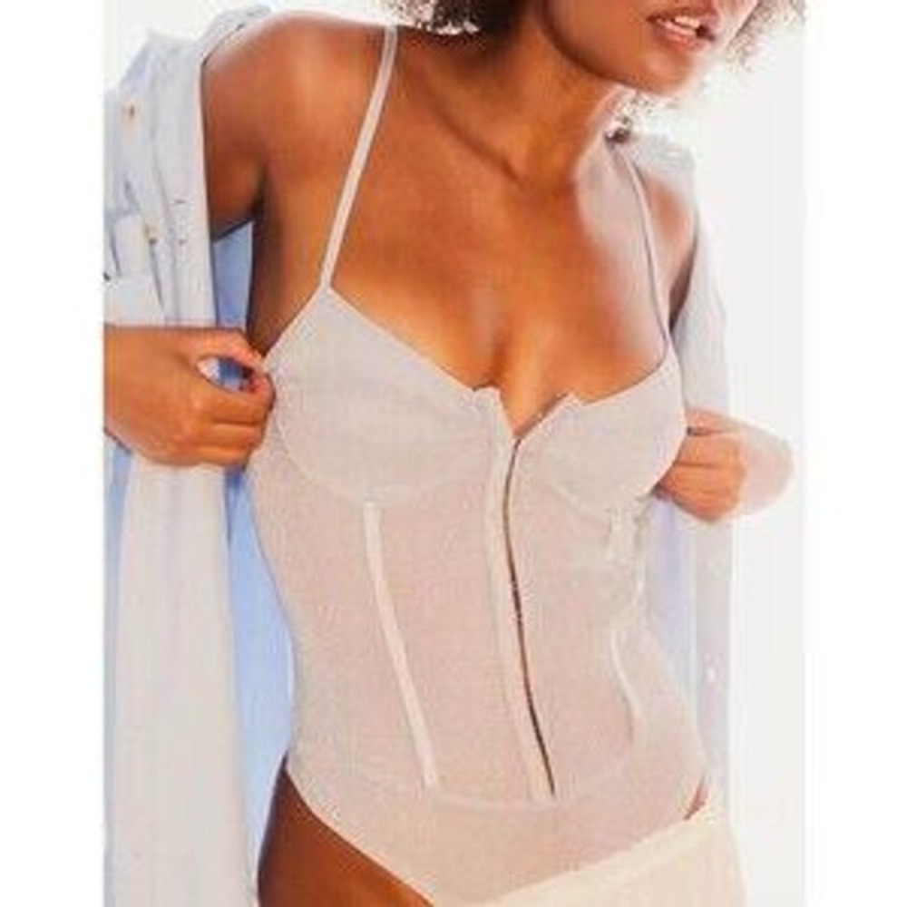 Intimately Free People Shimmer Night Rhythm Mesh Corset Bodysuit M Silver Siren